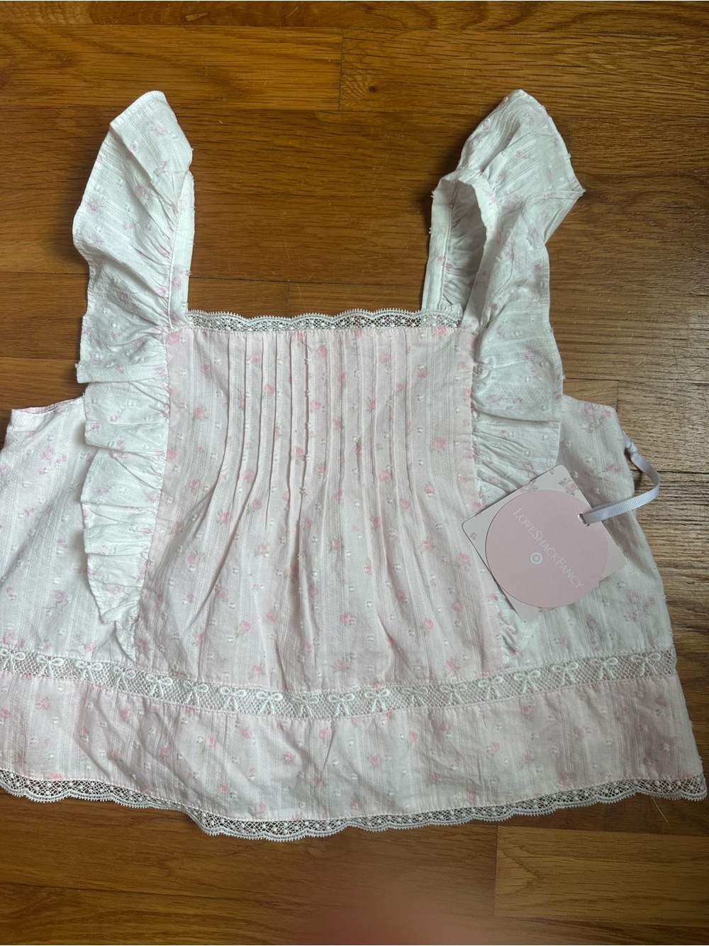 LoveShackFancy Light Pink Ruffle-Trimmed Pintuck Crop Top